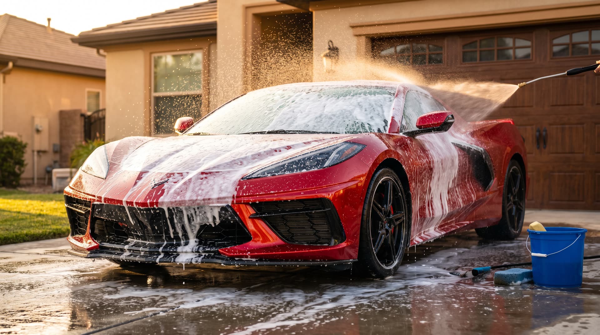 Red sports car covered in thick foam during a driveway wash at golden hour